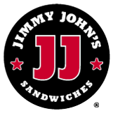 Jimmy John's features red "jj" lettering and two red stars within a black circle, with the words "Jimmy John's sandwiches" in white text around the edge of this sandwich franchise.