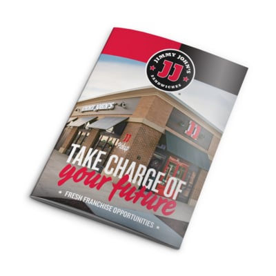 A promotional brochure for Jimmy John's sandwich franchise, featuring the storefront with a "take charge of your future" slogan and text about franchise opportunities.