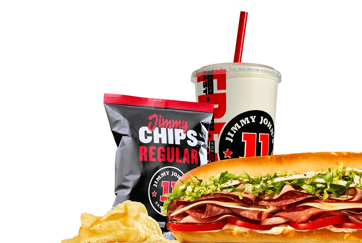 A jimmy john's sandwich franchise, chips, and a drink.